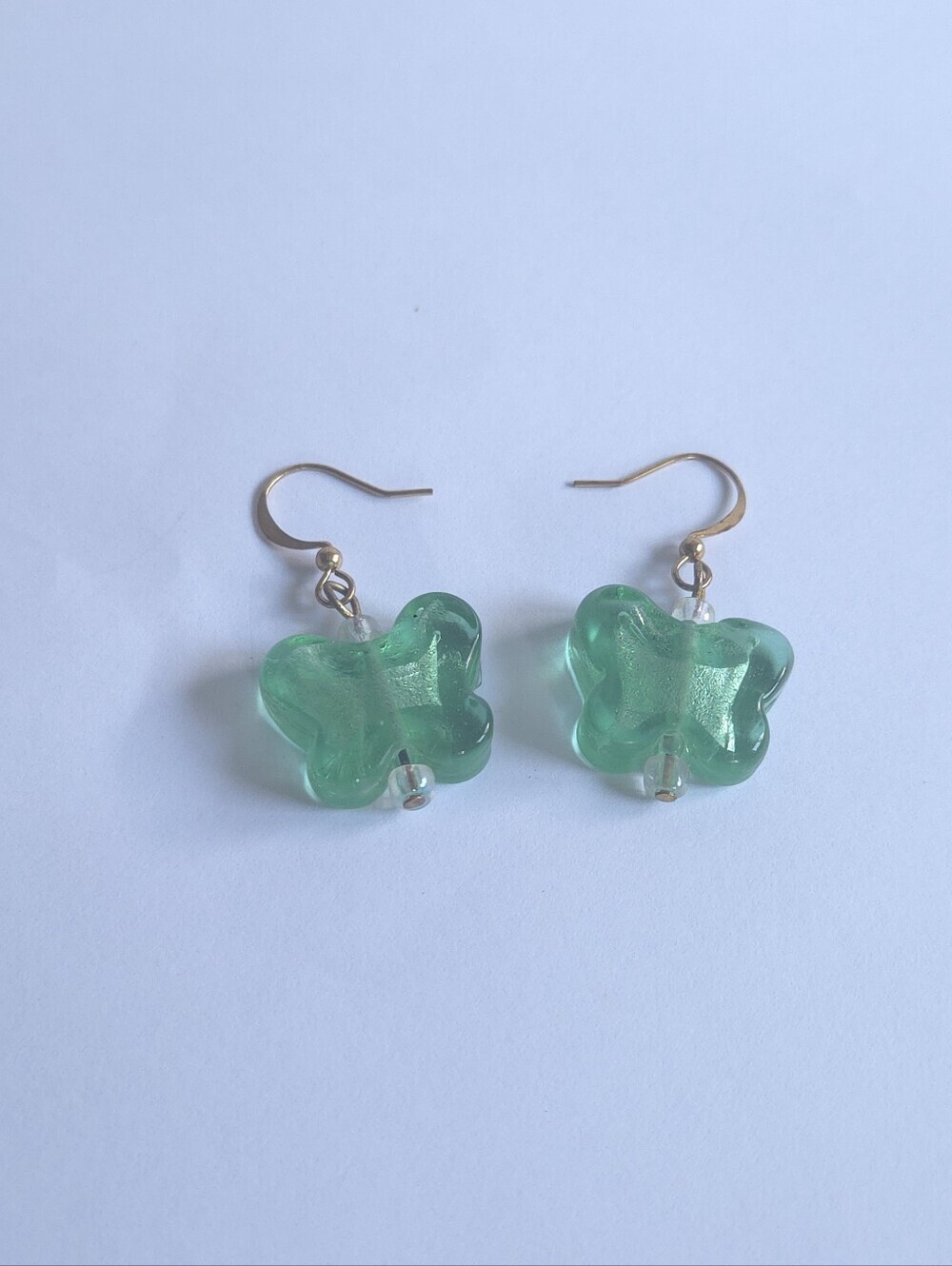 Vintage Murano Style Mint Green Art Glass Butterfly Shimmer Dangle Earrings